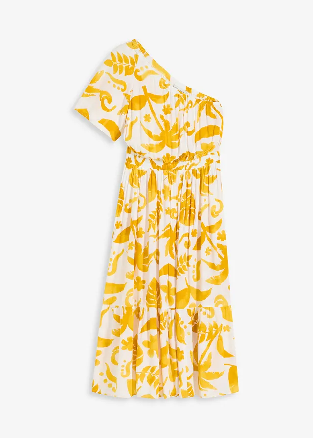 Robe asymétrique imprimée en viscose texturée, Couleur: blanc/curry floral