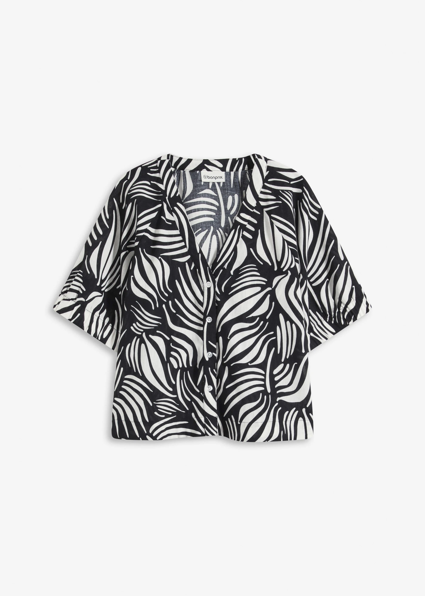 Halenka s krátkým rukávem ve lněném vzhledu • černo-přírodní bílá s potiskem • bonprix obchod