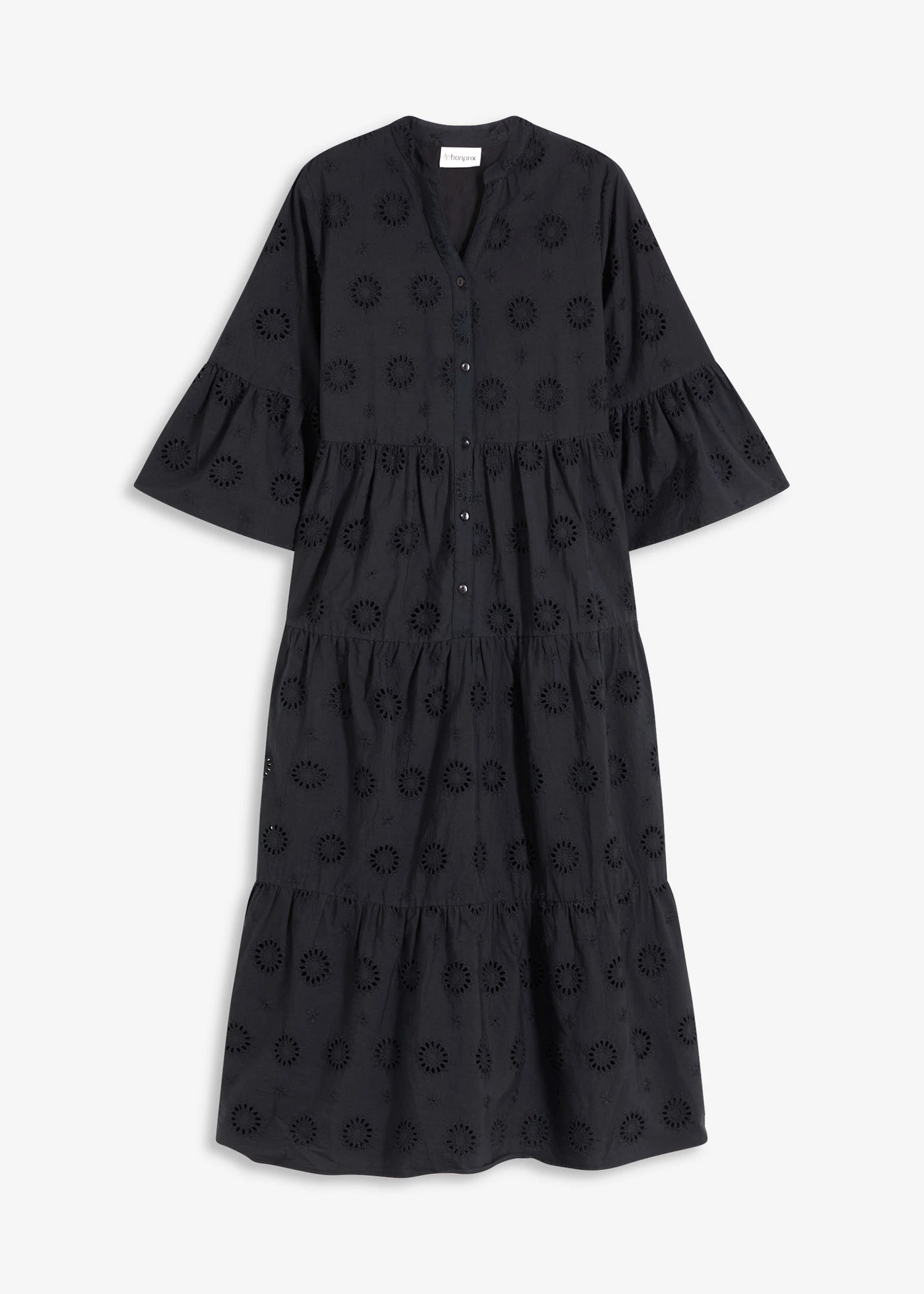 Rochie maxi din bumbac 100% cu broderie perforată • negru • magazin bonprix