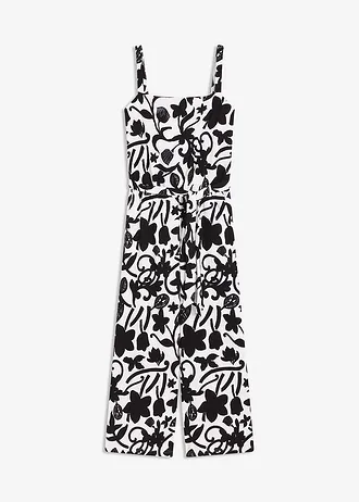 Gedessineerde jumpsuit van gestructureerde jersey, Kleur: wolwit-zwart gebloemd