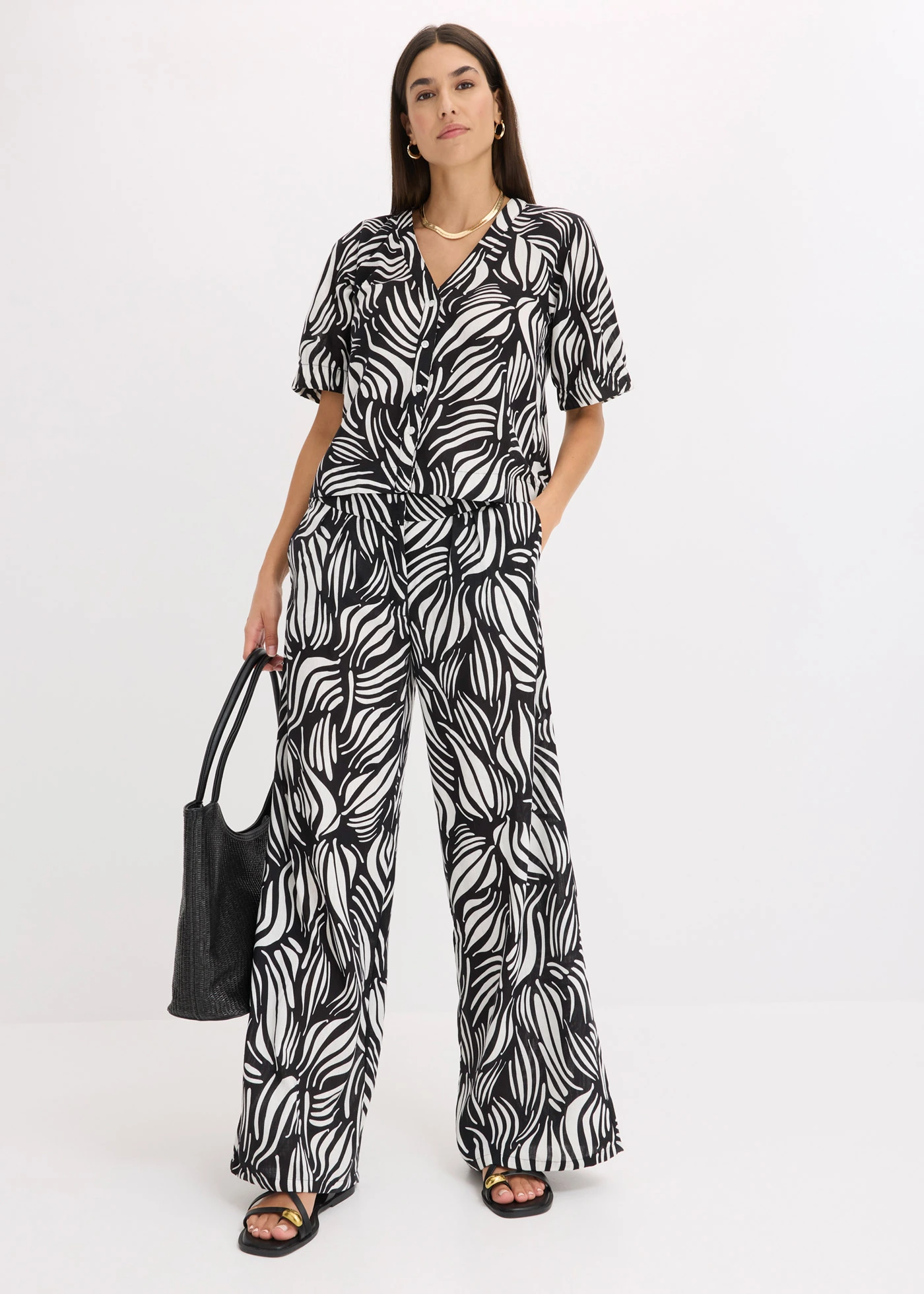 Palazzo kalhoty s pohodlnou pasovkou • černo-přírodní bílá s potiskem • bonprix obchod