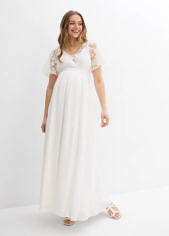 Robe de mariée 2en1 pour femme enceinte avec fonction allaitement discrète, Couleur: écru