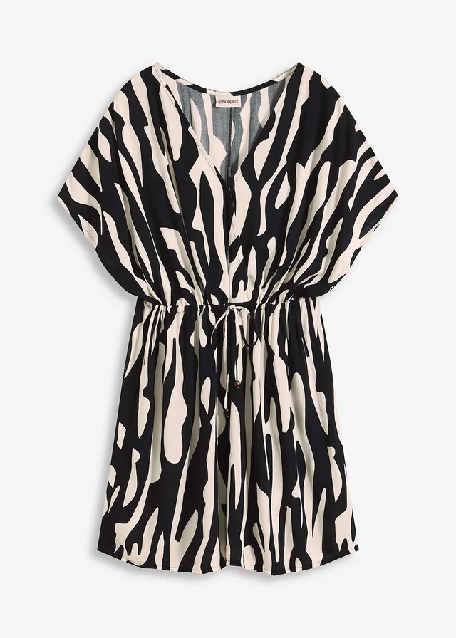 Strandjurk van viscose, Kleur: zwart - beige