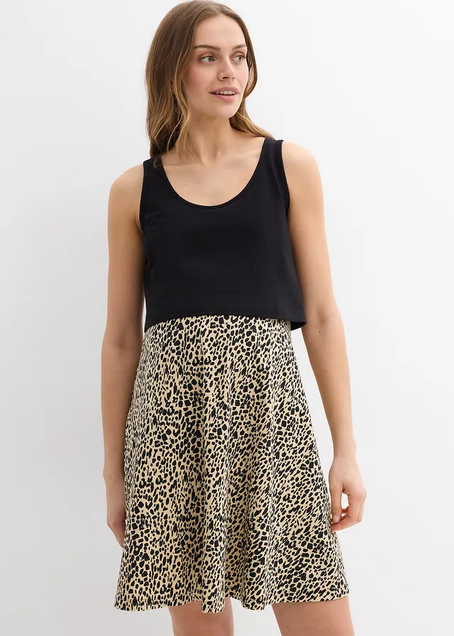 Robe de grossesse et d’allaitement en jersey coton, Couleur: noir/beige imprimé léopard