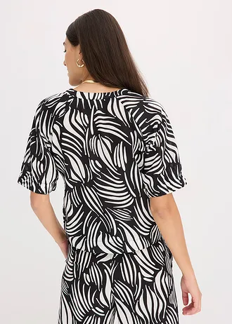 Halenka s krátkým rukávem ve lněném vzhledu, barva: černo-přírodní bílá s potiskem