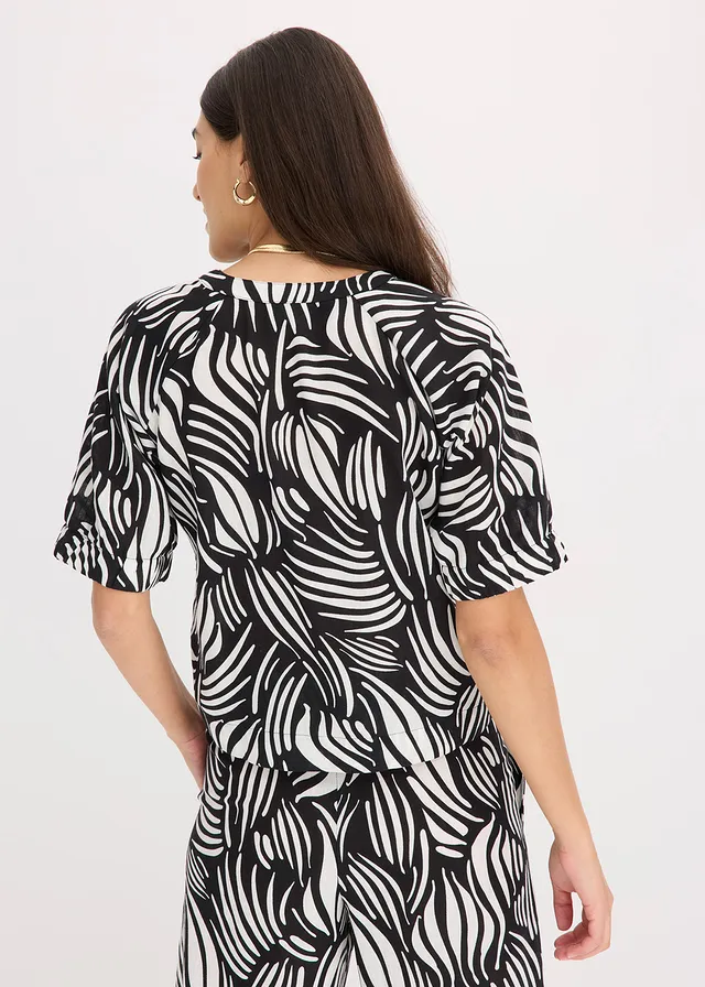 Blouse met korte mouwen in linnenlook • zwart-wolwit gedessineerd • product-page.page-title-suffix
