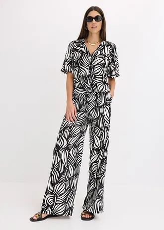 Halenka s krátkým rukávem ve lněném vzhledu • černo-přírodní bílá s potiskem • bonprix obchod