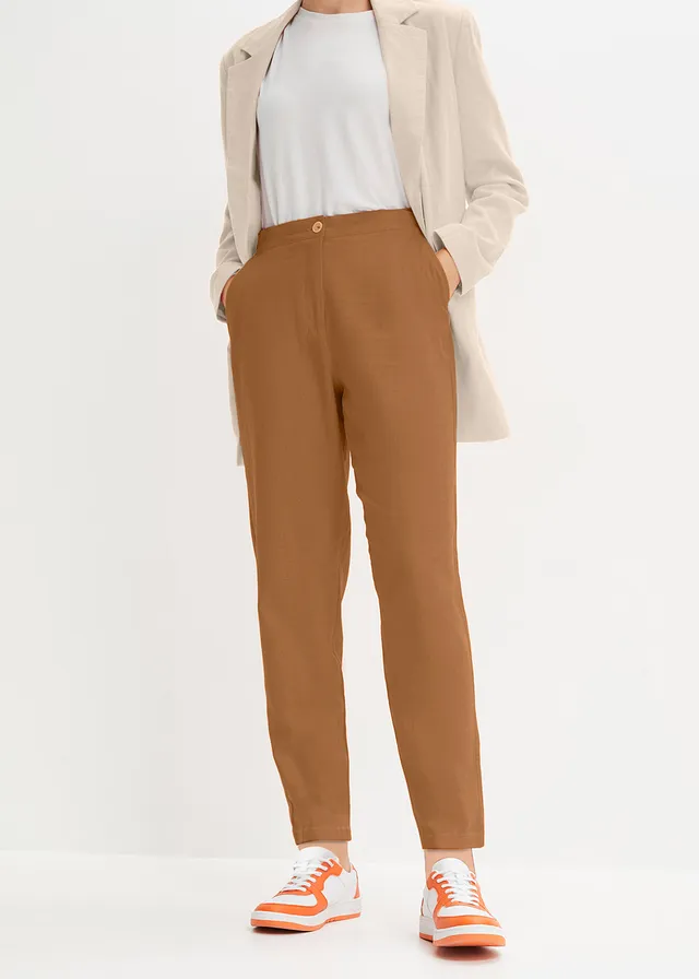 Pantalon cropped taille haute en lin et viscose, Couleur: cognac