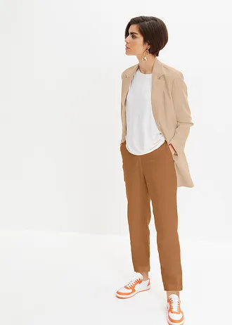 Pantalon cropped taille haute en lin et viscose, Couleur: cognac