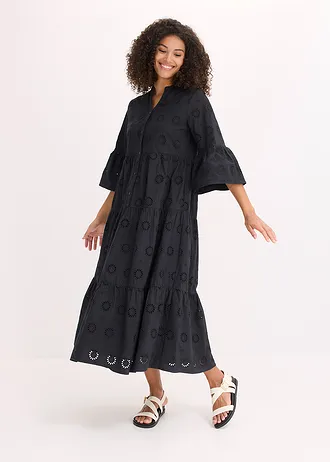Rochie maxi din bumbac 100% cu broderie perforată • negru • magazin bonprix