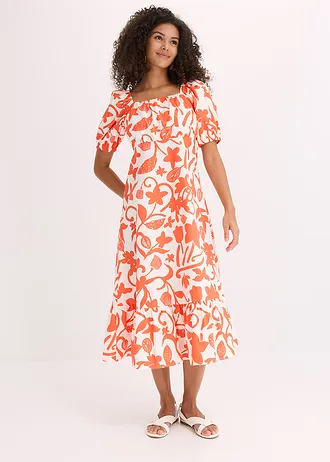 Midi jurk van puur biologisch katoen, Kleur: mango/crèmewit gebloemd