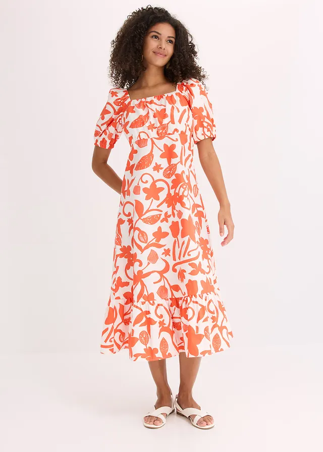 Midi jurk van puur biologisch katoen • mango/crèmewit gebloemd • product-page.page-title-suffix