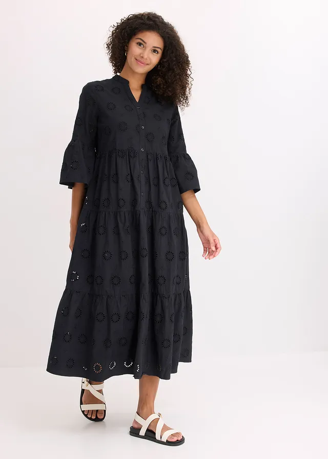 Robe longue 100% coton à broderies anglaises, Couleur: noir
