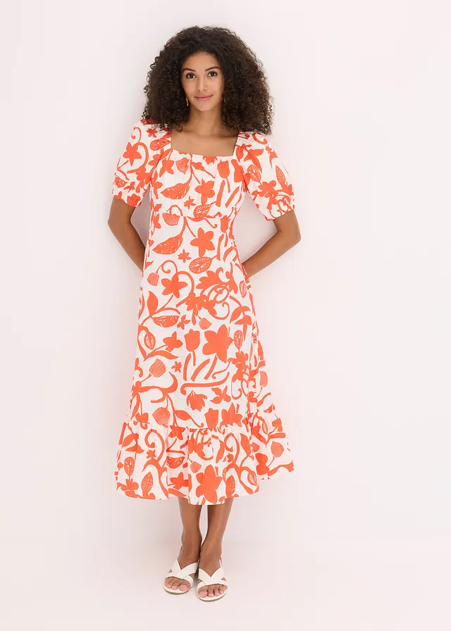 Midi jurk van puur biologisch katoen • mango/crèmewit gebloemd • product-page.page-title-suffix