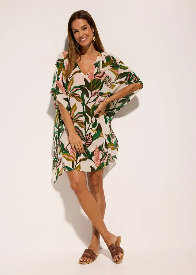 Chiffon strandtuniek, Kleur: wit-groen-roze