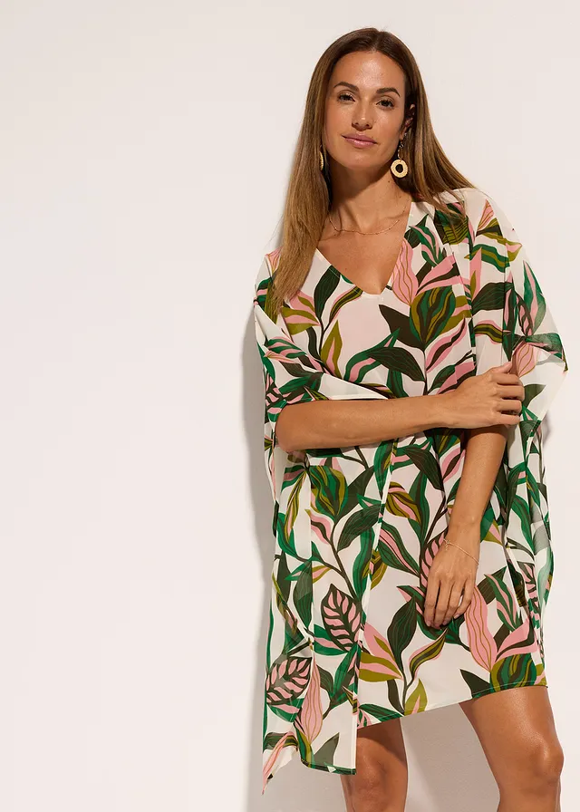 Tunique de plage en crêpe, Couleur: blanc/vert/rose