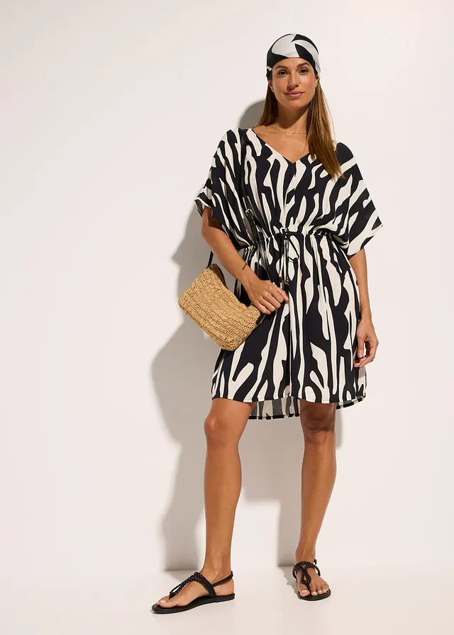 Strandjurk van viscose, Kleur: zwart - beige