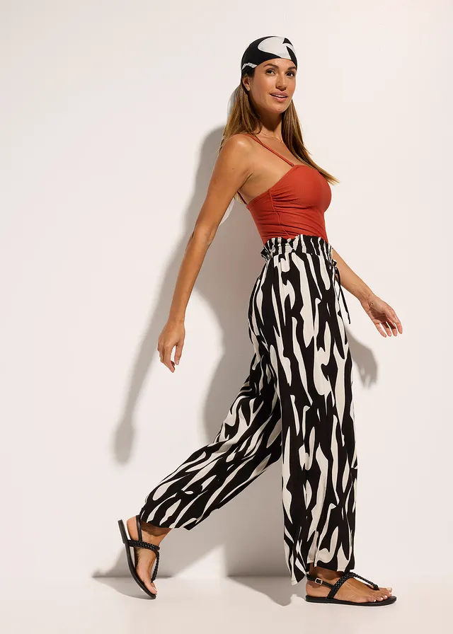 Pantalon de plage en viscose fluide, Couleur: noir/beige