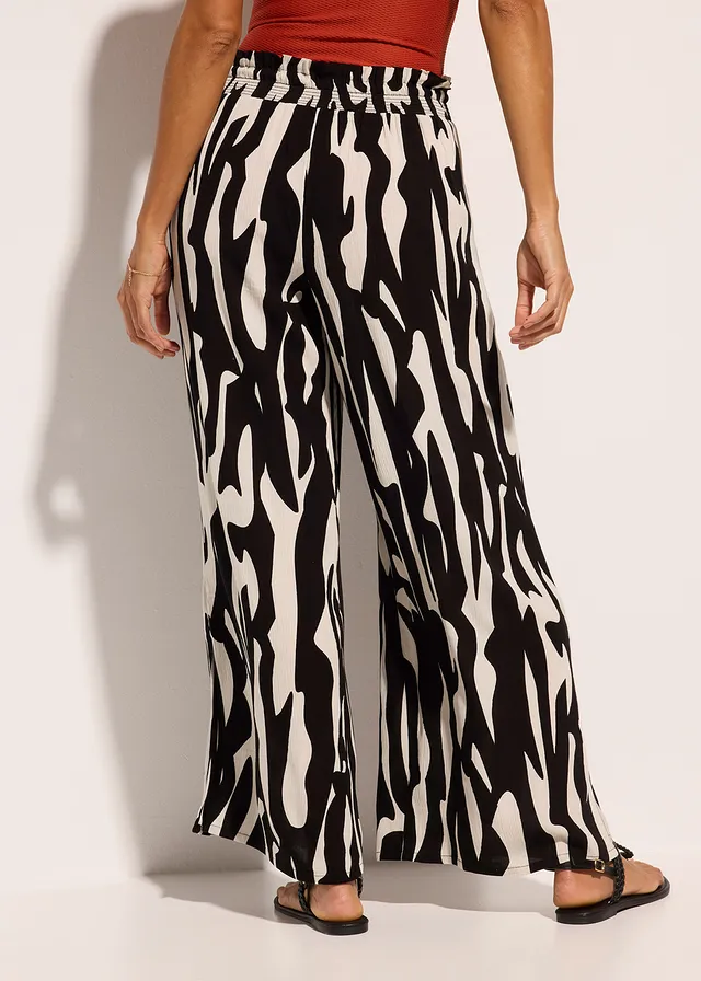 Pantalon de plage en viscose fluide, Couleur: noir/beige