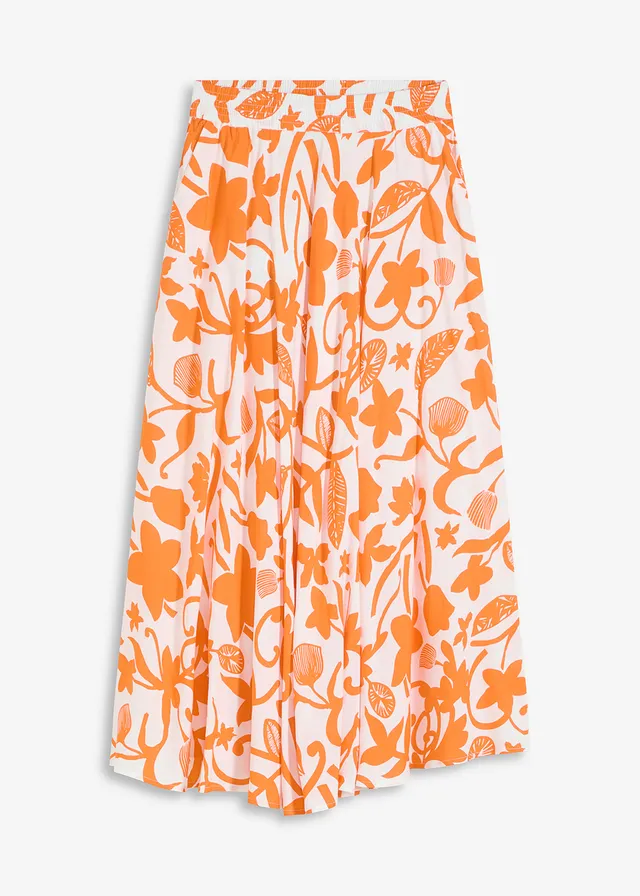 Jupe longue en viscose fluide, Couleur: écru-mangue floral
