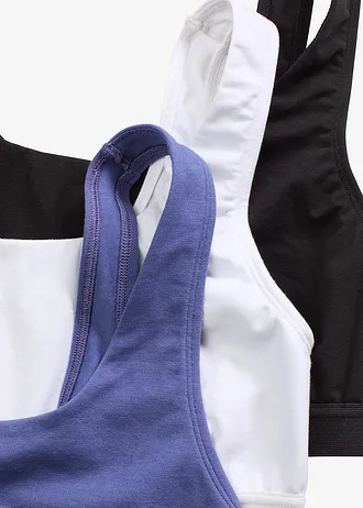 Lot de 3 brassières coton extensible • bleu violet + noir + blanc • Boutique bonprix