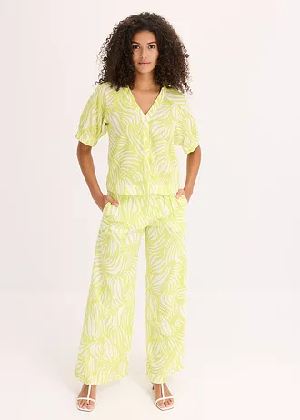 Blouse met korte mouwen in linnenlook, Kleur: citrusgeel-wolwit gedessineerd