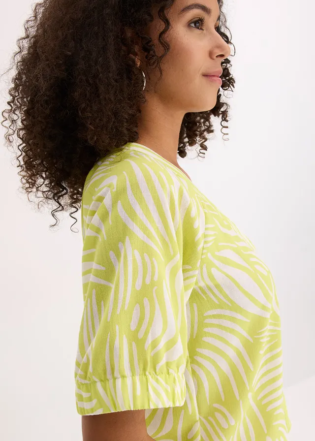 Blouse met korte mouwen in linnenlook • citrusgeel-wolwit gedessineerd • product-page.page-title-suffix