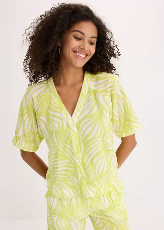 Blouse met korte mouwen in linnenlook, Kleur: citrusgeel-wolwit gedessineerd