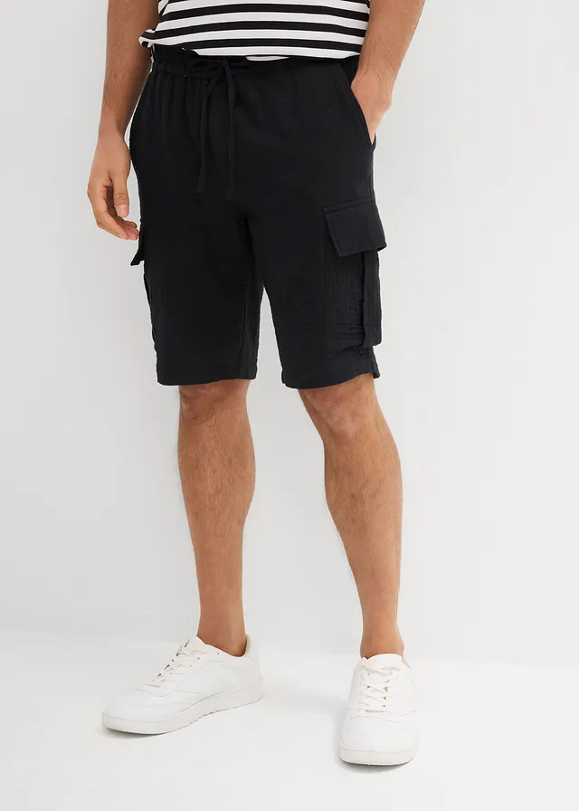 Bermuda van luchtige mousseline, regular fit, Kleur: zwart
