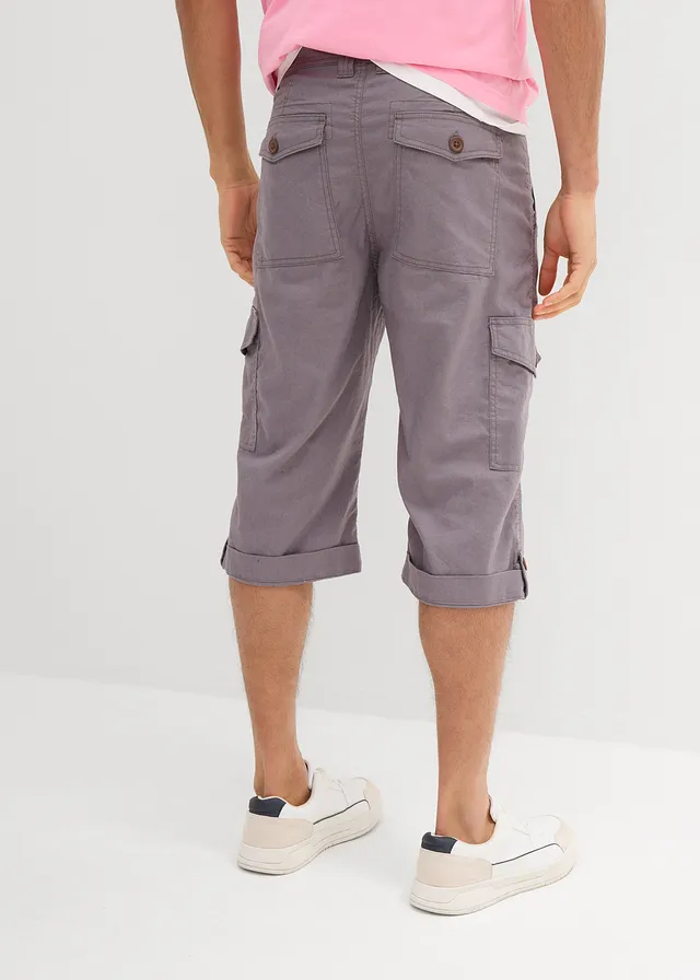 Lange cargo bermuda met linnen, regular fit, Kleur: rookgrijs