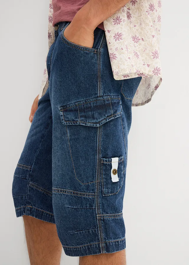 Bermuda long poches cargo en denim léger, coupe loose • bleu-beige denim • product-page.page-title-suffix