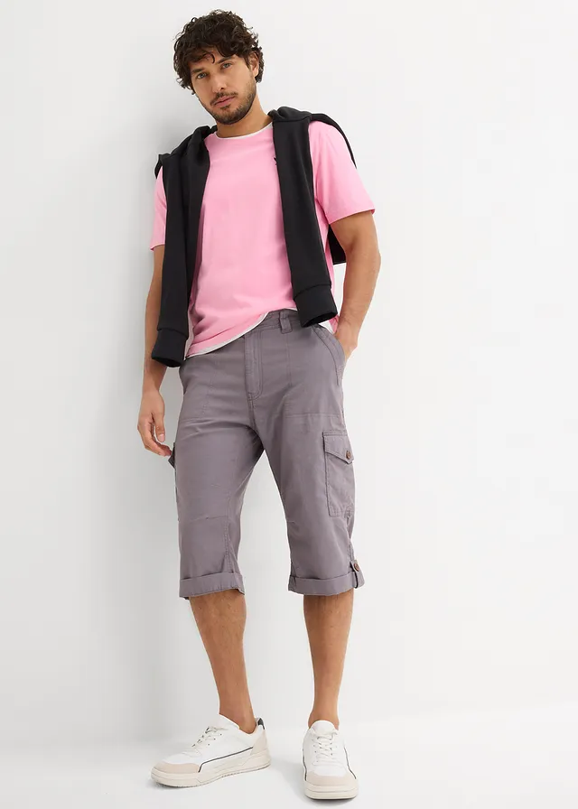 Lange cargo bermuda met linnen, regular fit, Kleur: rookgrijs