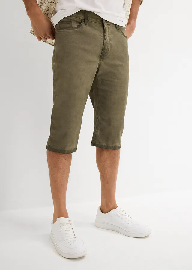 Bermude lungi stretch cu aspect prespălat, Regular Fit, culoare: măsliniu