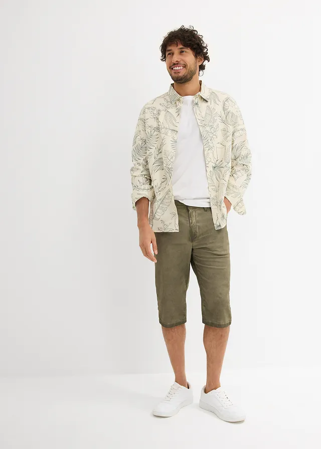 Bermuda long en toile délavée, regular, Couleur: olive