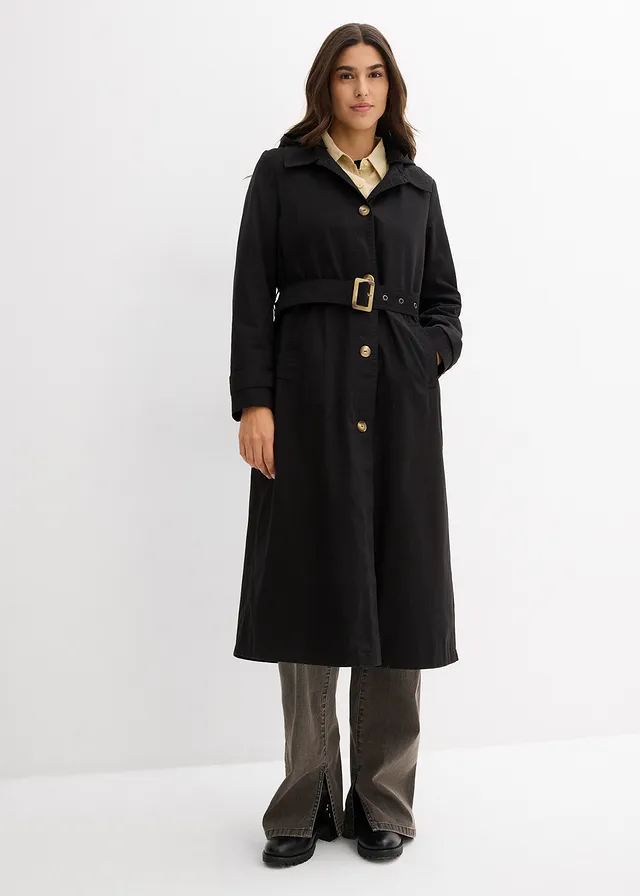 Kuitlange jas in trenchcoat stijl met afneembare capuchon, Kleur: zwart