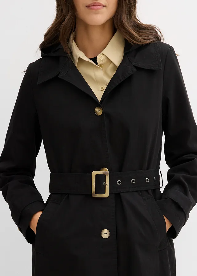 Kuitlange jas in trenchcoat stijl met afneembare capuchon • zwart • product-page.page-title-suffix