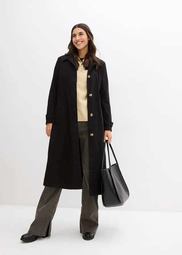 Kuitlange jas in trenchcoat stijl met afneembare capuchon, Kleur: zwart