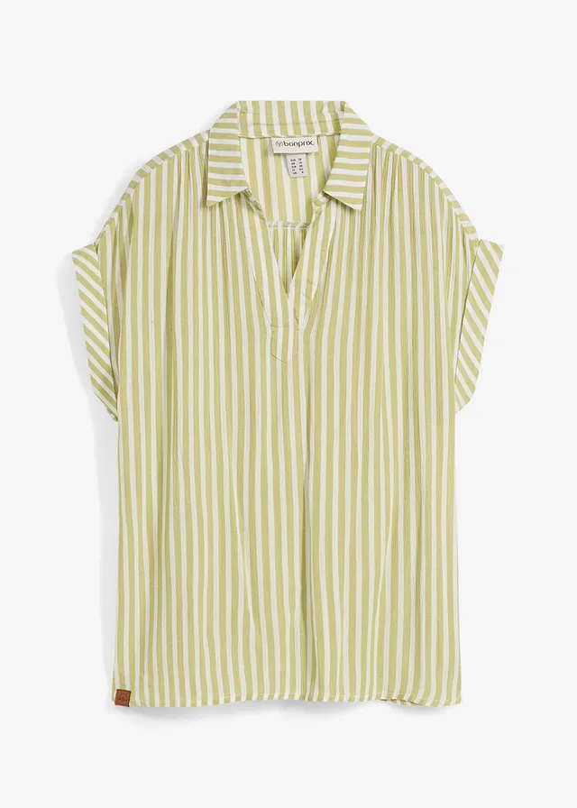 Blouse manches courtes en viscose fluide, Couleur: pistache mat-blanc rayé