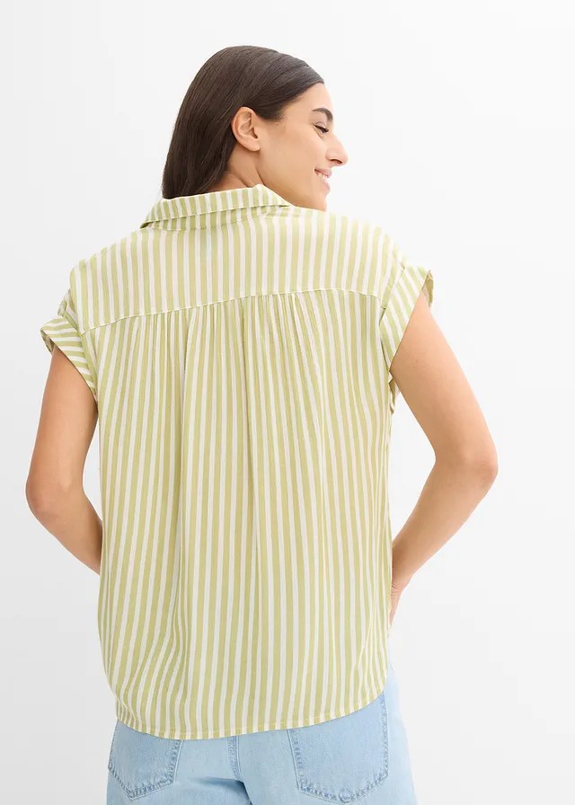 Blouse manches courtes en viscose fluide, Couleur: pistache mat-blanc rayé