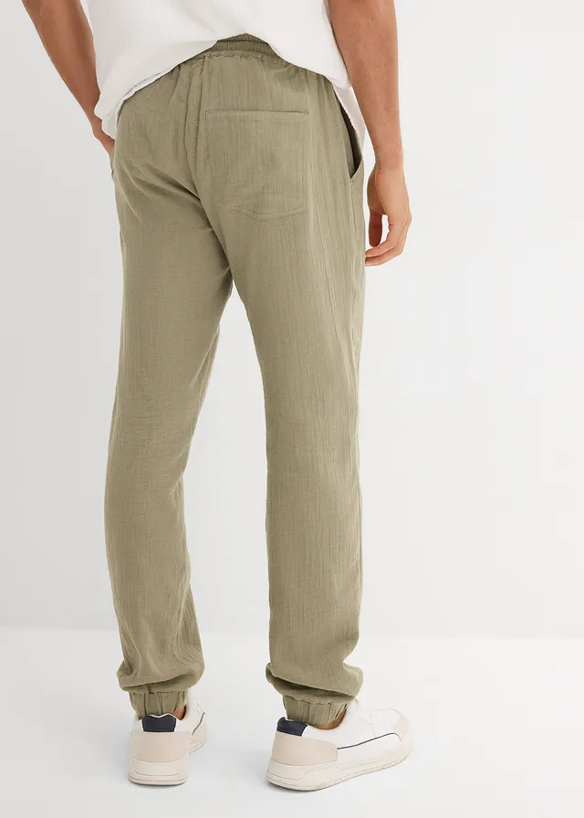 Regular fit instapbroek van mousseline, tapered, Kleur: rookolijfgroen