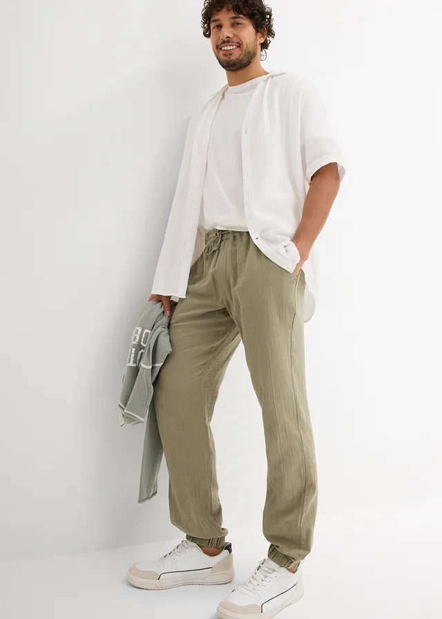 Pantalon jogger regular en gaze de coton, fuselé • olive fumé • product-page.page-title-suffix