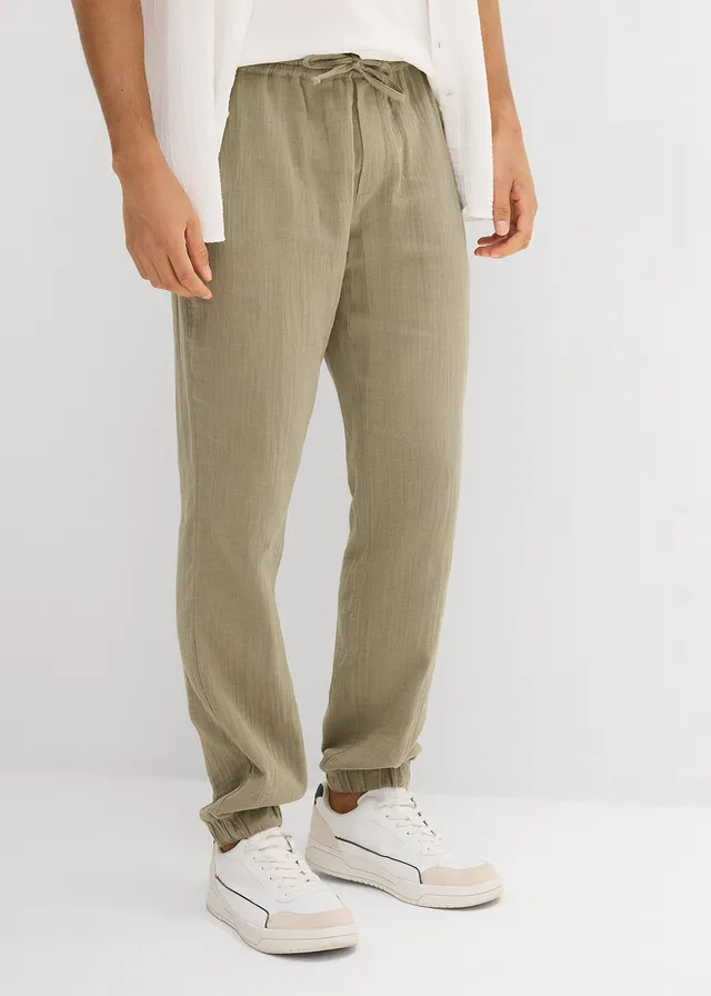 Pantalon jogger regular en gaze de coton, fuselé, Couleur: olive fumé