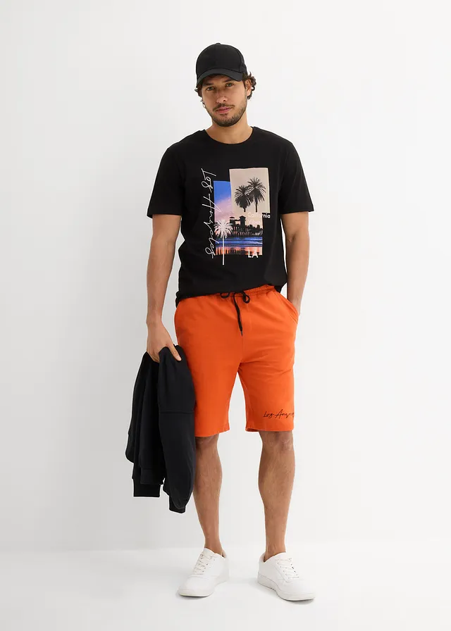 T-shirt en sweatbermuda (2-dlg. set), Kleur: zwart+mat oranje met print