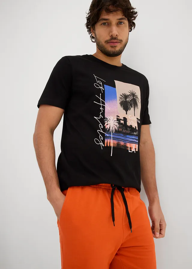 Tricou și bermude casual din bumbac 100% (set/2piese) • negru+oranj mat cu imprimeu • magazin bonprix