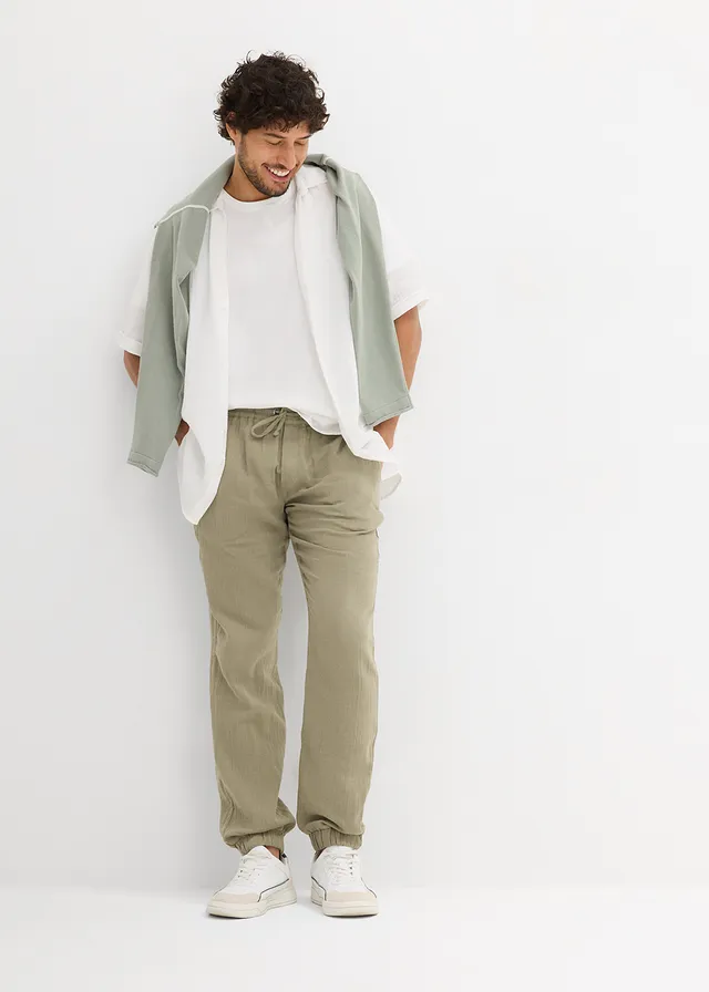 Pantalon jogger regular en gaze de coton, fuselé, Couleur: olive fumé