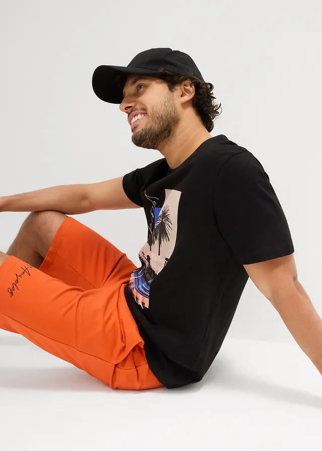 T-shirt et bermuda sweat 100% coton (ens. 2 pces), Couleur: noir + orange mat imprimé