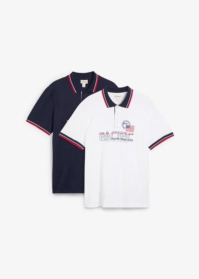 Poloshirt van puur katoen (set van 2) met korte mouw, Kleur: donkerblauw+duindoorn+wit