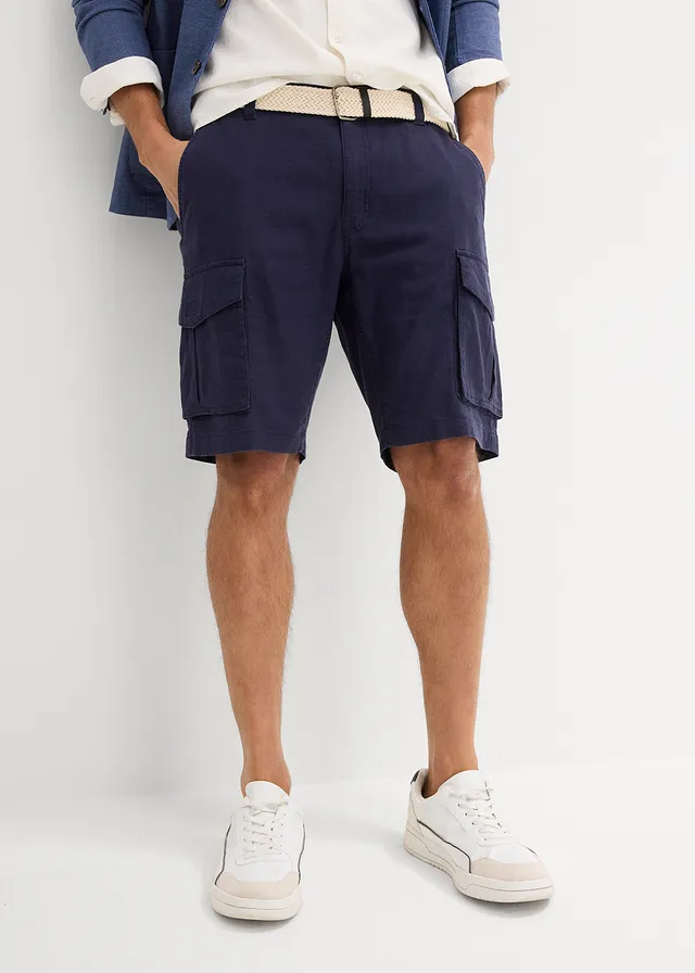 Cargo bermuda met linnen en riem, regular fit, Kleur: donkerblauw
