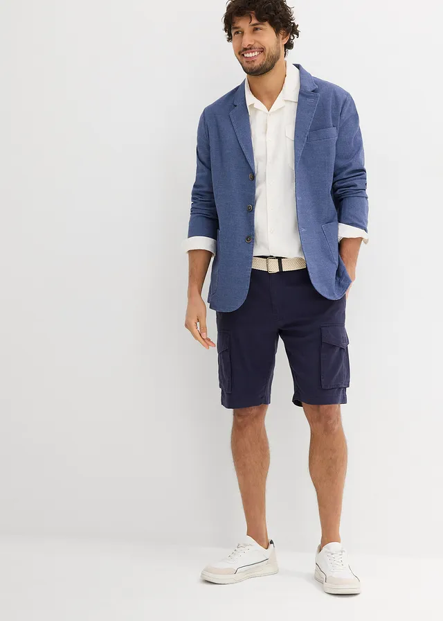 Cargo bermuda met linnen en riem, regular fit, Kleur: donkerblauw