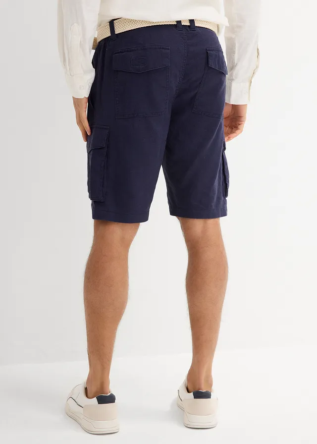 Cargo bermuda met linnen en riem, regular fit, Kleur: donkerblauw